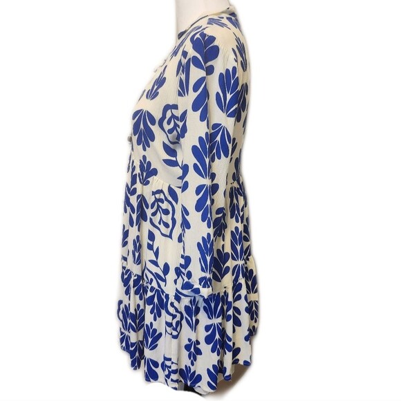 Japna Boho Bohemian Empire Waist V-Neck White & Blue Mini Dress, S - Picture 3 of 7